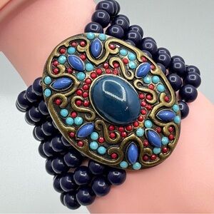 Navy Blue Multi-Strand Beaded Cuff Bracelet w Ornate Mosaic Medallion